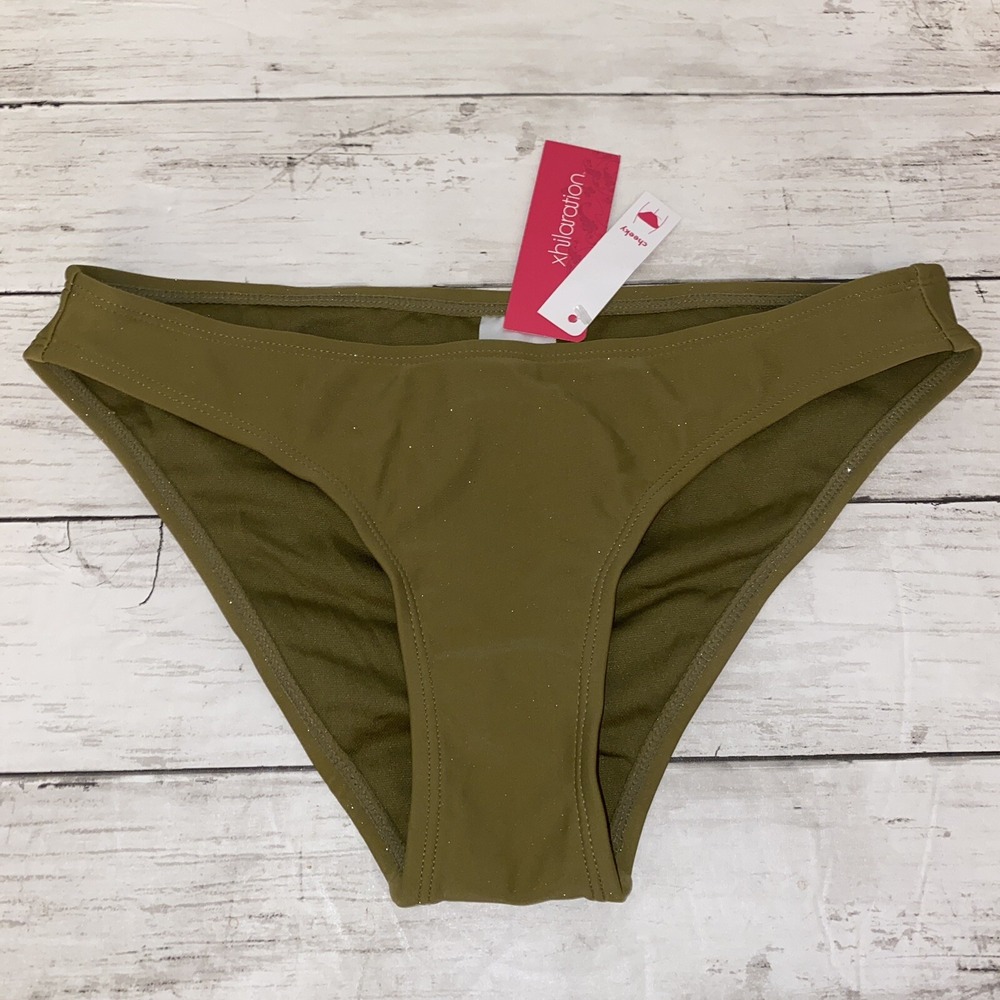 Xhilaration Bikini Bottom Womens Small Green Shimmer Army Cheeky Swim NEW S